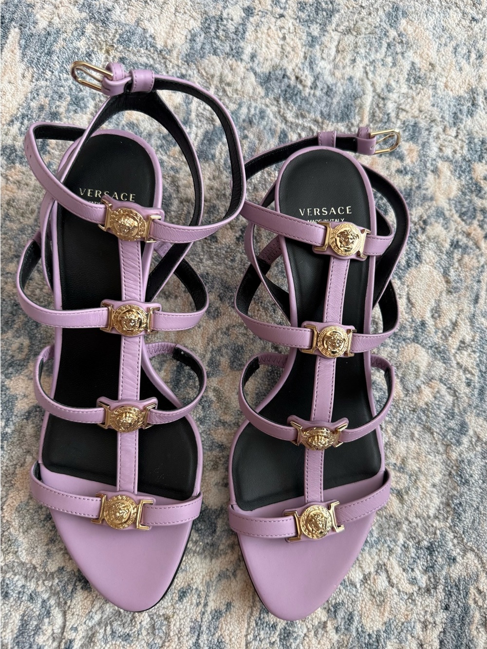 Versace Lilac Strappy Sandals with Gold Medusa Accents